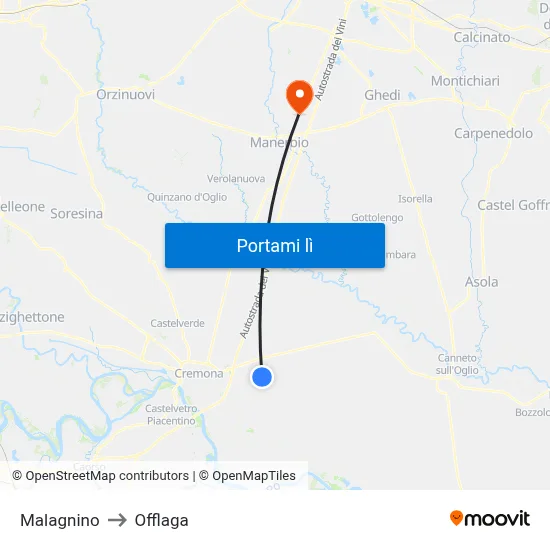 Malagnino to Offlaga map