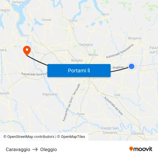 Caravaggio to Oleggio map