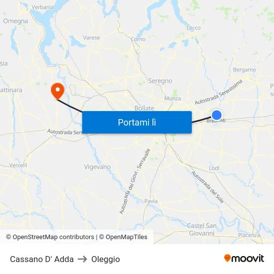 Cassano D' Adda to Oleggio map