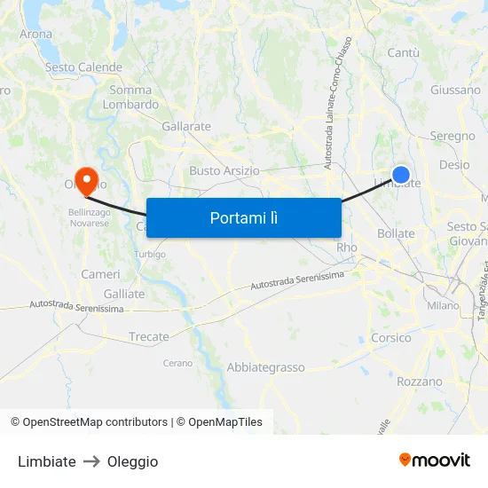 Limbiate to Oleggio map