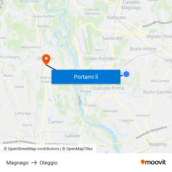 Magnago to Oleggio map