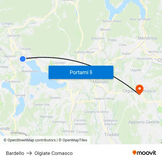 Bardello to Olgiate Comasco map