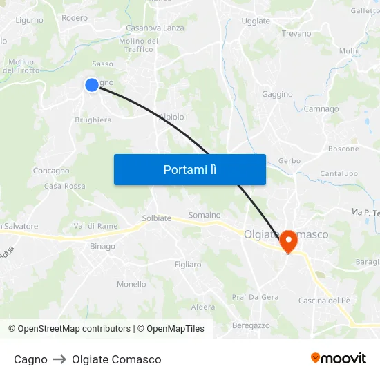 Cagno to Olgiate Comasco map