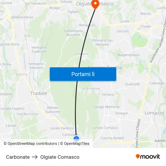 Carbonate to Olgiate Comasco map