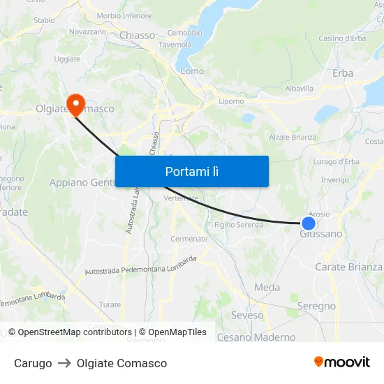 Carugo to Olgiate Comasco map