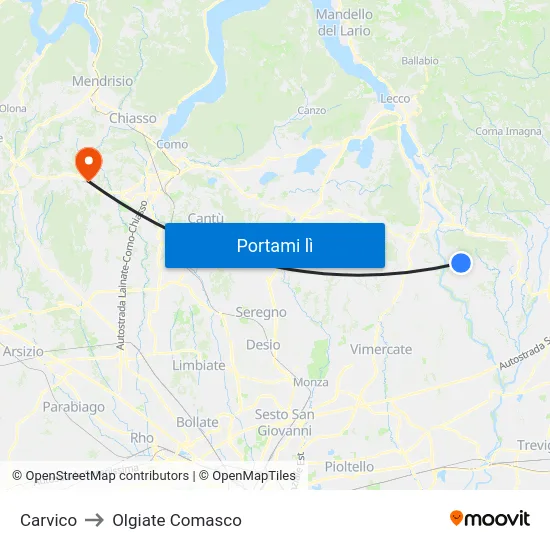 Carvico to Olgiate Comasco map