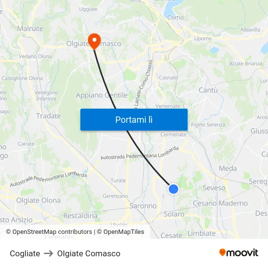 Cogliate to Olgiate Comasco map