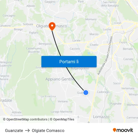 Guanzate to Olgiate Comasco map