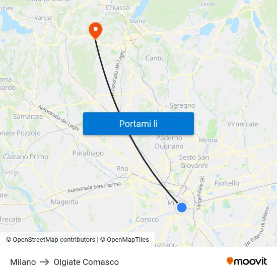 Milano to Olgiate Comasco map