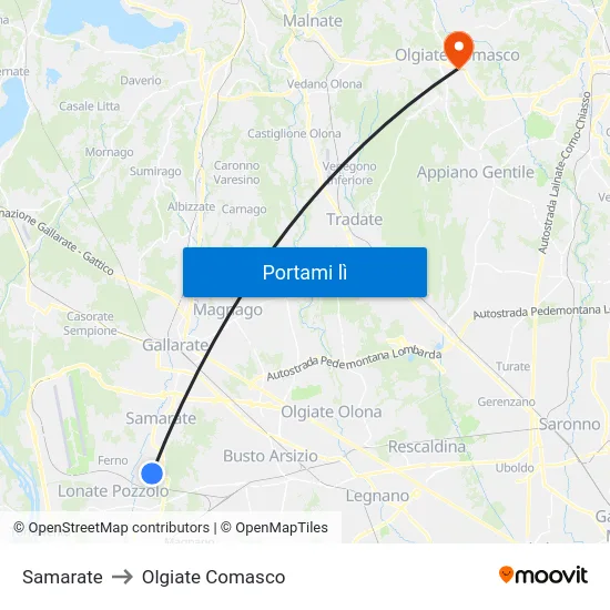 Samarate to Olgiate Comasco map