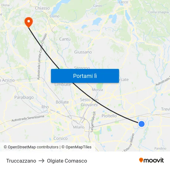 Truccazzano to Olgiate Comasco map