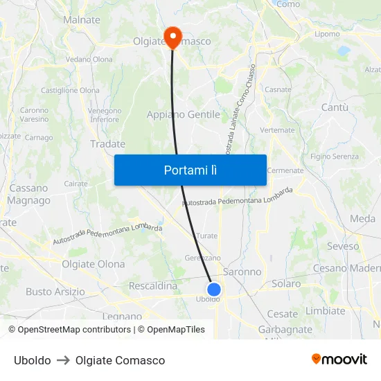 Uboldo to Olgiate Comasco map