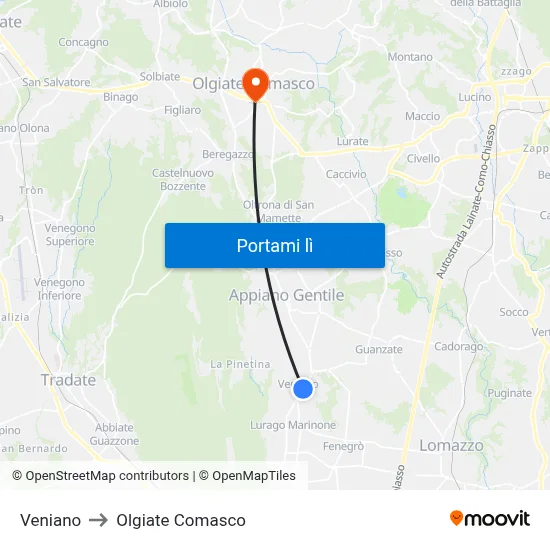 Veniano to Olgiate Comasco map