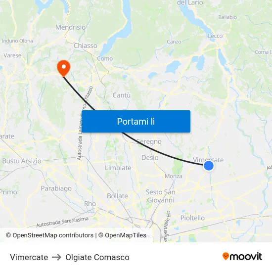 Vimercate to Olgiate Comasco map