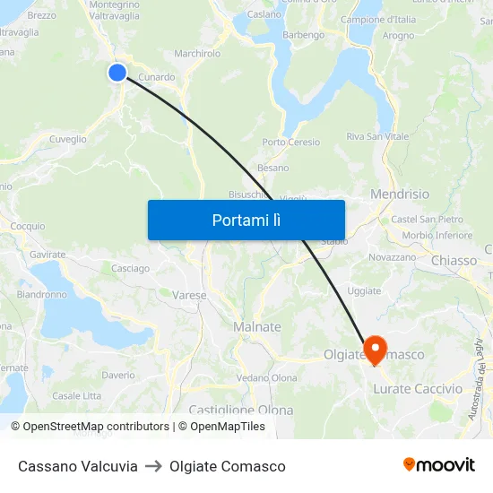 Cassano Valcuvia to Olgiate Comasco map