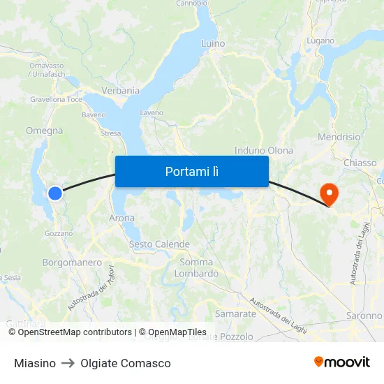 Miasino to Olgiate Comasco map