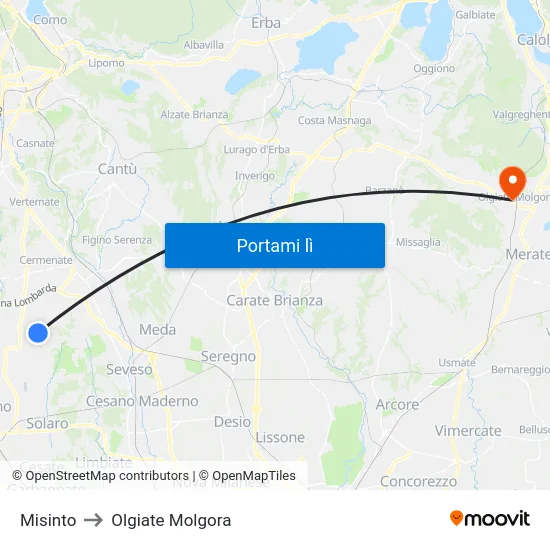 Misinto to Olgiate Molgora map