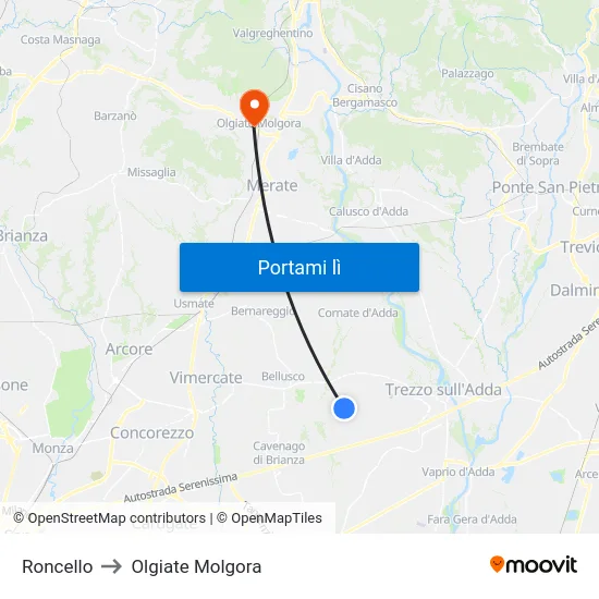 Roncello to Olgiate Molgora map