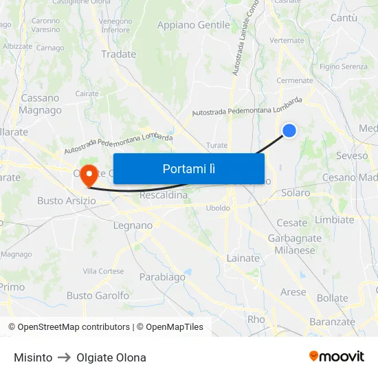 Misinto to Olgiate Olona map