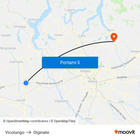 Vicolungo to Olginate map