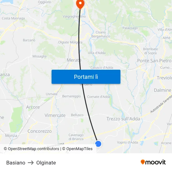 Basiano to Olginate map