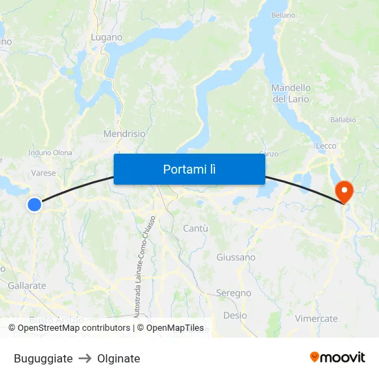 Buguggiate to Olginate map