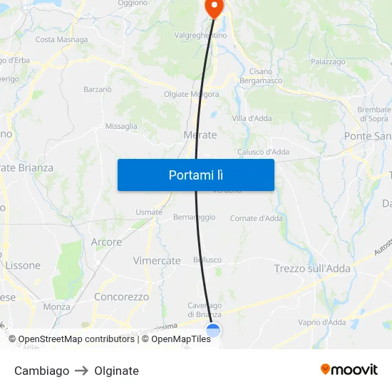 Cambiago to Olginate map