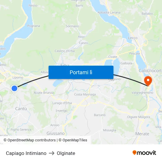 Capiago Intimiano to Olginate map