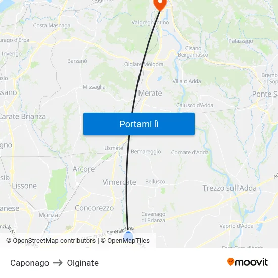 Caponago to Olginate map