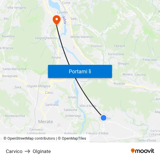 Carvico to Olginate map