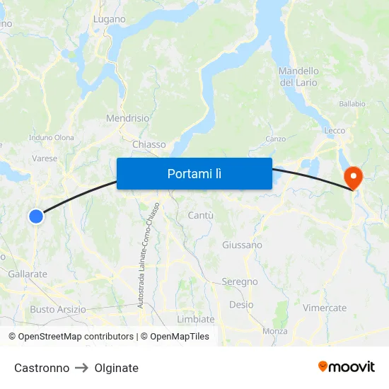 Castronno to Olginate map