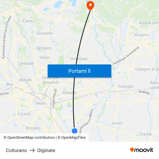 Colturano to Olginate map