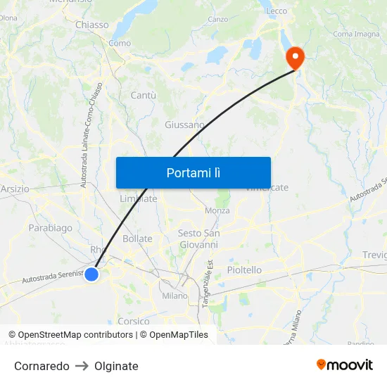 Cornaredo to Olginate map