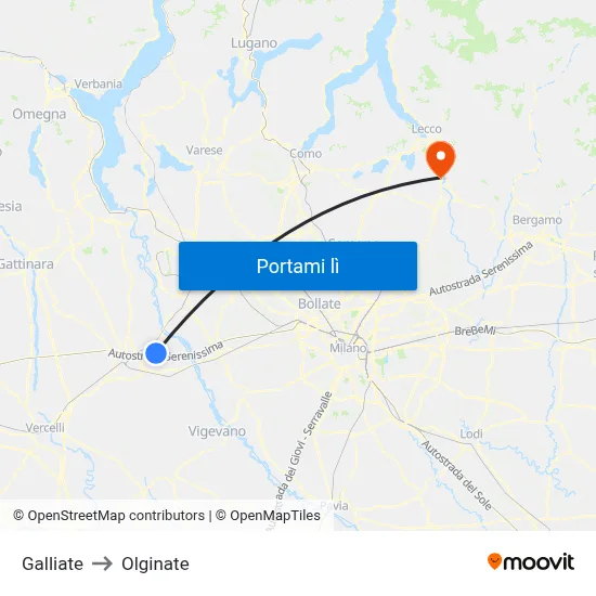 Galliate to Olginate map