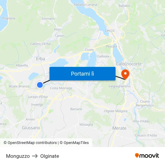 Monguzzo to Olginate map