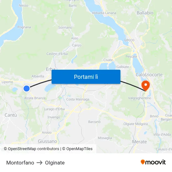 Montorfano to Olginate map