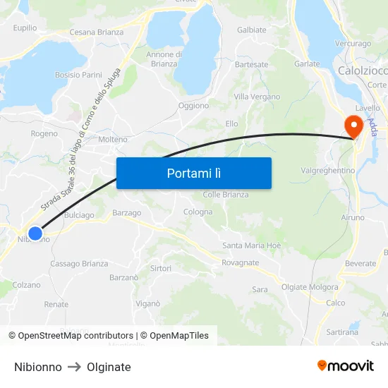 Nibionno to Olginate map