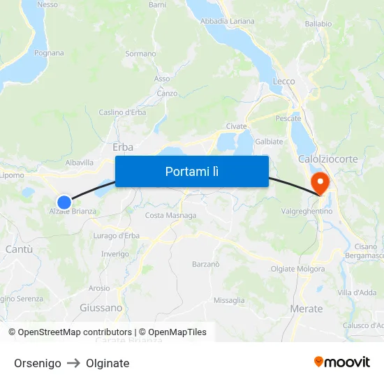 Orsenigo to Olginate map