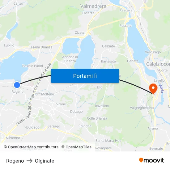 Rogeno to Olginate map