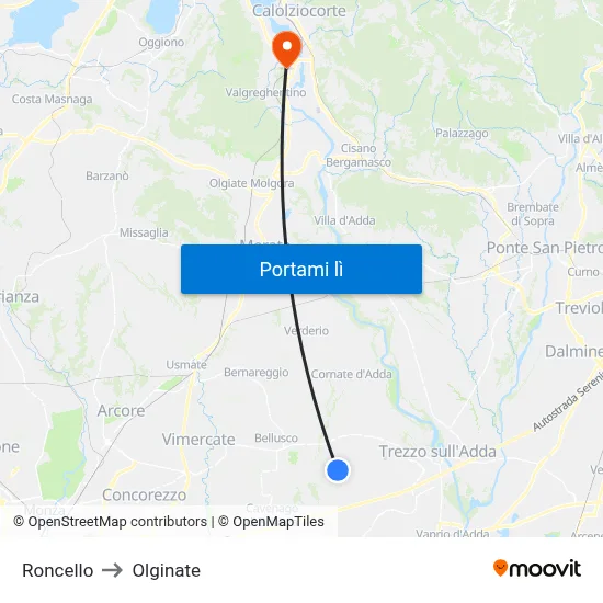 Roncello to Olginate map