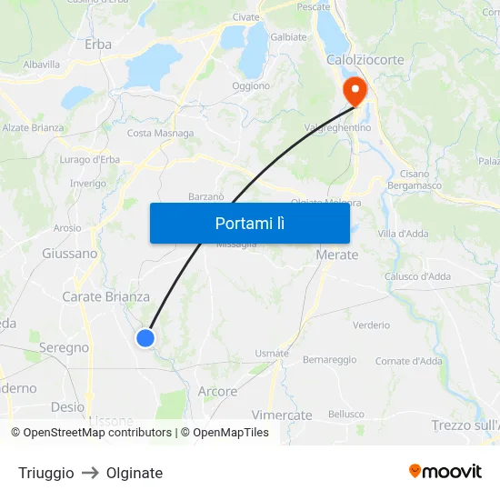 Triuggio to Olginate map