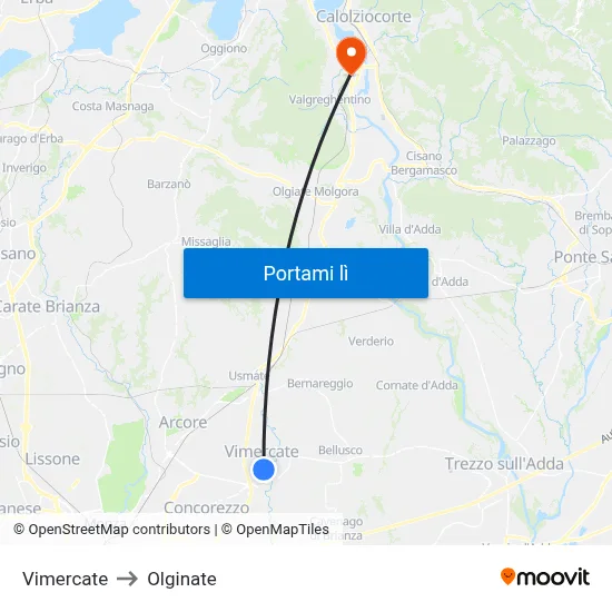 Vimercate to Olginate map