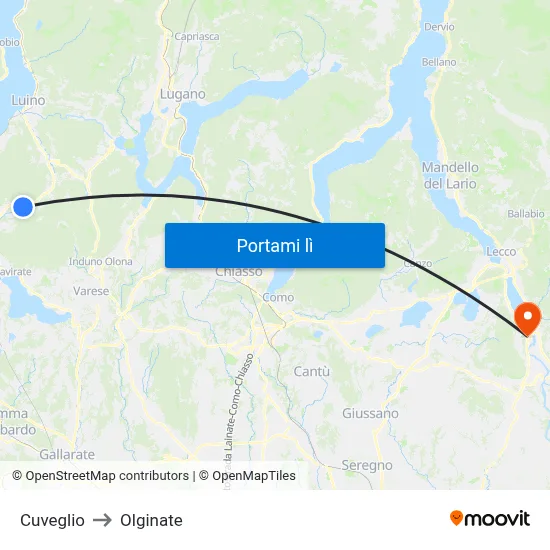 Cuveglio to Olginate map