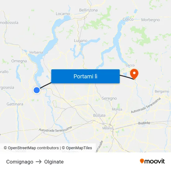 Comignago to Olginate map