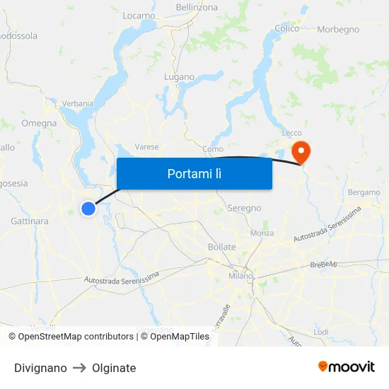 Divignano to Olginate map