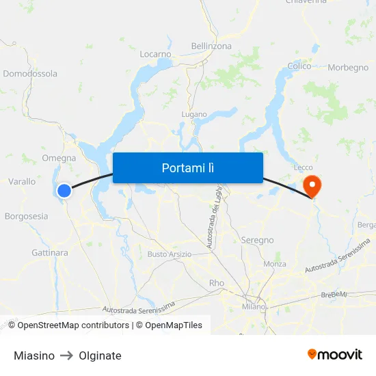 Miasino to Olginate map