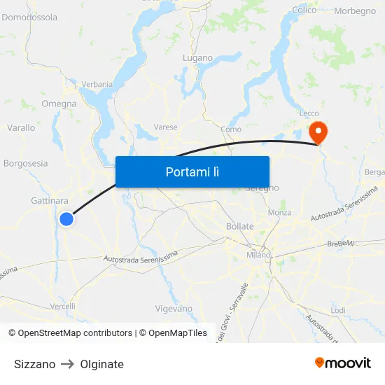 Sizzano to Olginate map