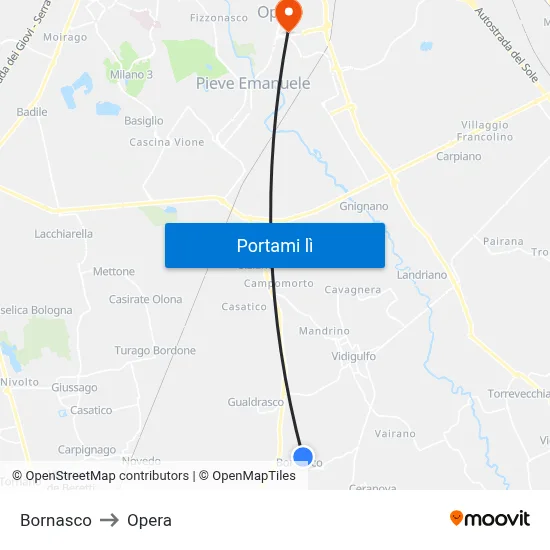 Bornasco to Opera map