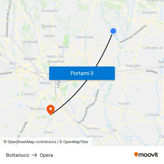 Bottanuco to Opera map