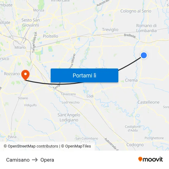 Camisano to Opera map